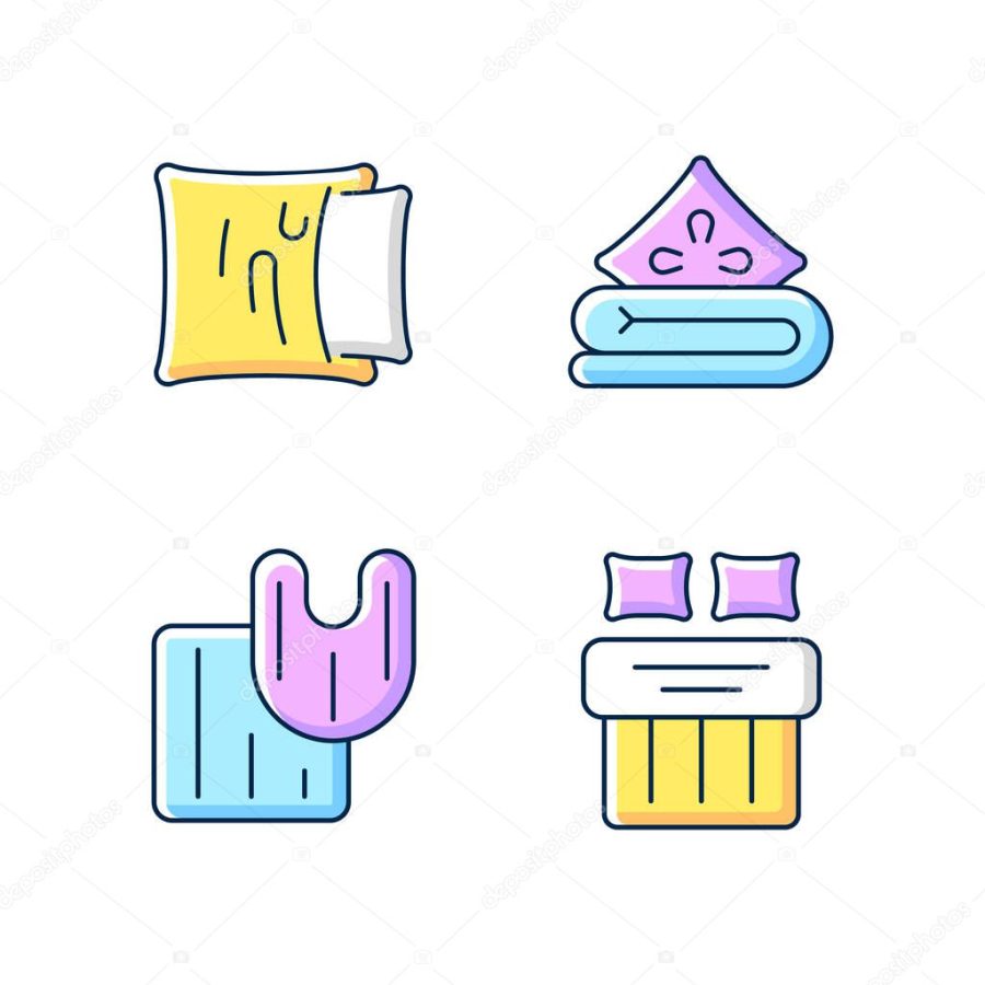 Domestic textile RGB color icons set. Pillow case. Linen bedding. Bathroom rugs. Double bed sheets, blankets. Isolated vector illustrations. Material products simple filled line drawings collection