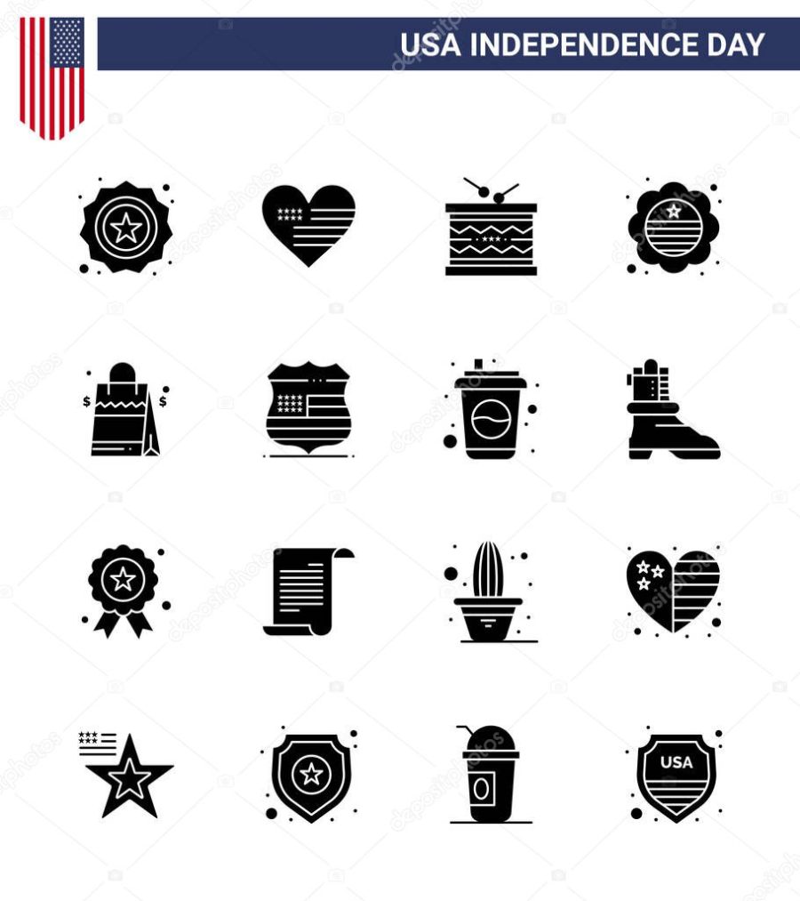 Editable Vector Solid Glyph Pack of USA Day 16 Simple Solid Glyphs of bag; international flag; drum; flag; st Editable USA Day Vector Design Elements