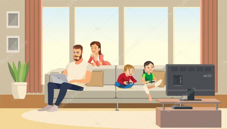 Family at home. Mother care about father. children playing game console. Vector cartoon characters.