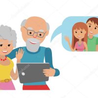 Family vector illustration flat style social media communications. Man woman senior couple grandparents make video call with tablet.