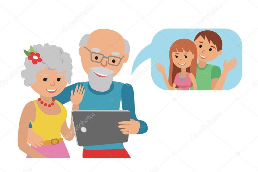 Family vector illustration flat style social media communications. Man woman senior couple grandparents make video call with tablet.