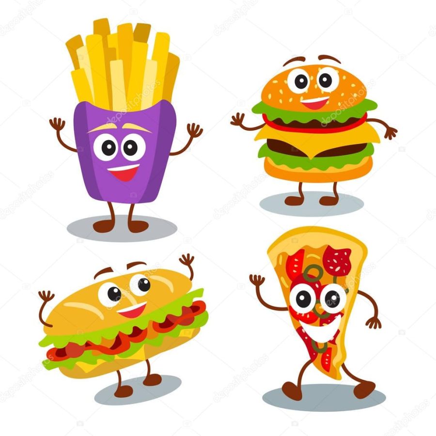 Funny, cute fast food hamburger, sandwich, pizza, french fries w