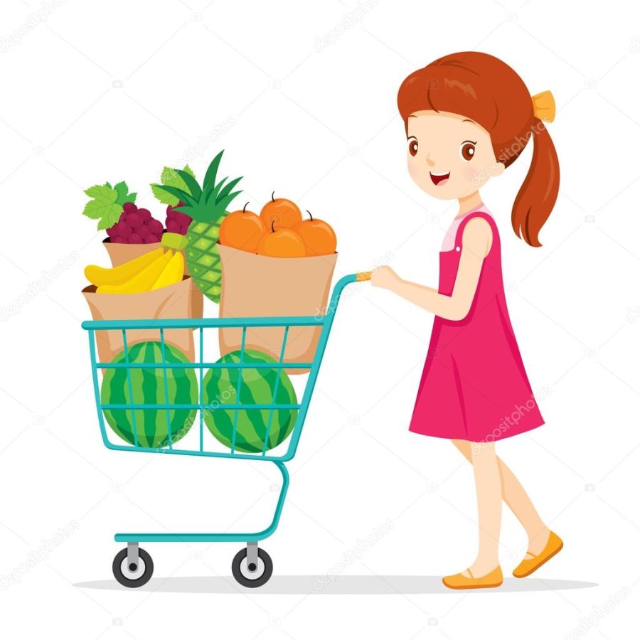 Girl Pushing Shopping Cart With A Lot Of Fruits