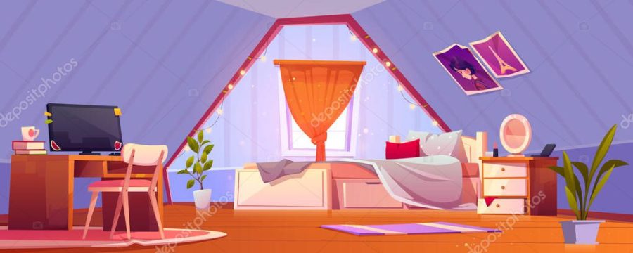 Girl bedroom interior on attic. Teenager mansard room with unmade bed, curtained window, workspace with computer desk and pc desktop with stickers and placards on wall, Cartoon vector illustration