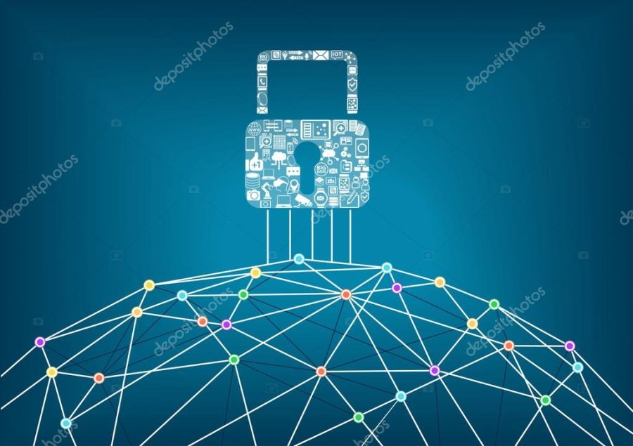Global IT security protection concept of connected devices. World wide web background with lines connecting dots.