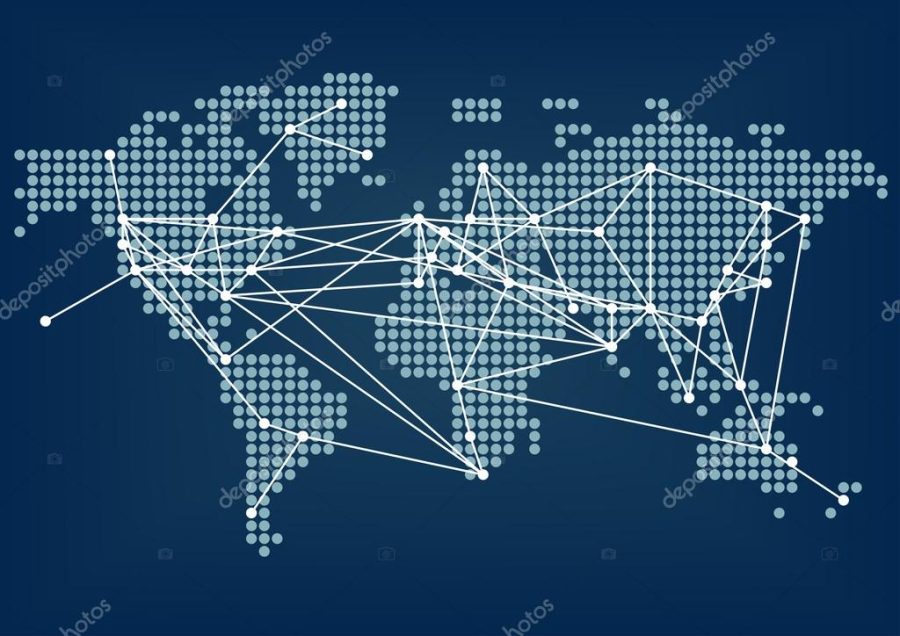 Global network connectivity represented by dark blue world map