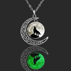 Glow in the Dark Howling Wolf Crescent Necklace