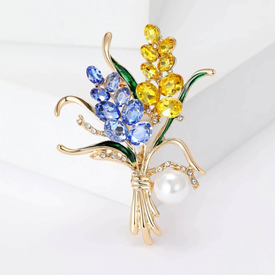 Golden Color Bouquet Brooch With Rhinestones and Blue, Yellow, and Green Imitation Gemstones