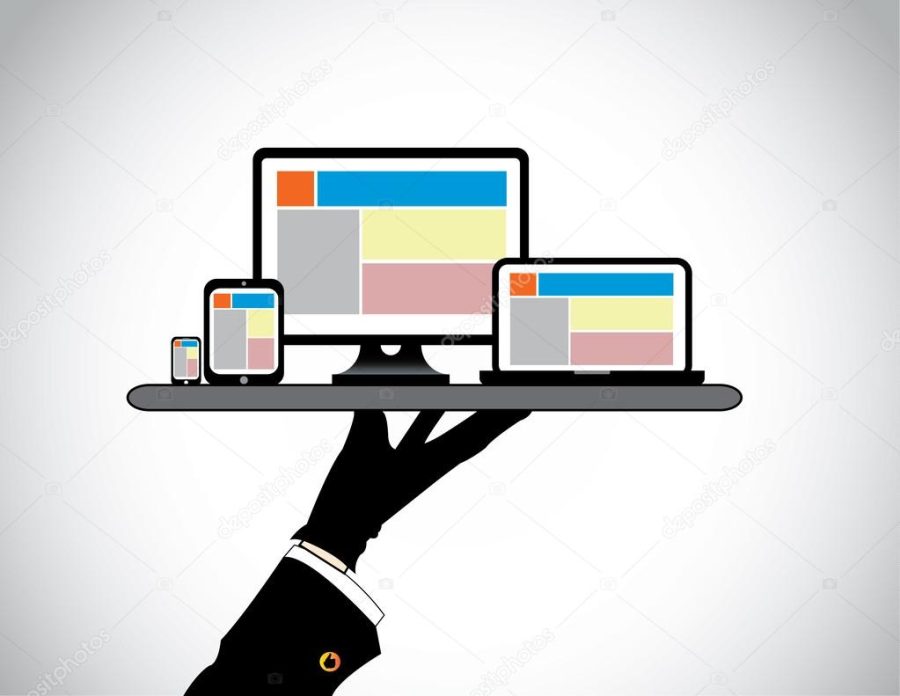Hand presenting desktop computer laptop tablet & smart phone. website template on pc computer laptop tab & smartphone being presented by a professional man in a tray - concept illustration