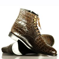 Handmade Men Brown Alligator Textured Leather Lace Up & Side Zipper Ankle Boots