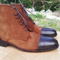 Handmade Men Brown Leather Suede Cap Toe Lace Up Boots, Men Ankle Fashion Boots