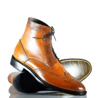 Handmade Men Tan Brown Leather Wing Tip Brogue Up Boots, Men Ankle Fashion Boots