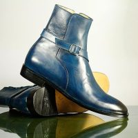 Handmade Men's Blue Leather Ankle Jodhpur Strap Boots, Men Ankle Fashion Boots