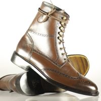 Handmade Men's Brown Leather Wing Tip Brogue Up Boots, Men Ankle Fashion Boots