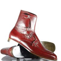 Handmade Men's Burgundy Leather Quad Monk Strap Boots, Men Ankle Fashion Boots