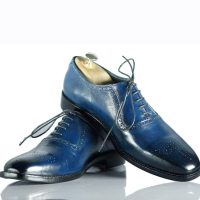 Handmade Men's Navy Blue Leather Brogue Toe Lace Up Shoes, Men Dress Formal Shoe