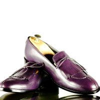 Handmade Men's Purple Leather Split Toe Fringes Loafer Shoes, Men Dress Shoes