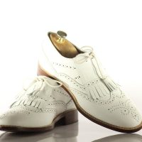 Handmade Men's White Leather Wing Tip Brogue Shoes, Men Fringes Dress Shoes