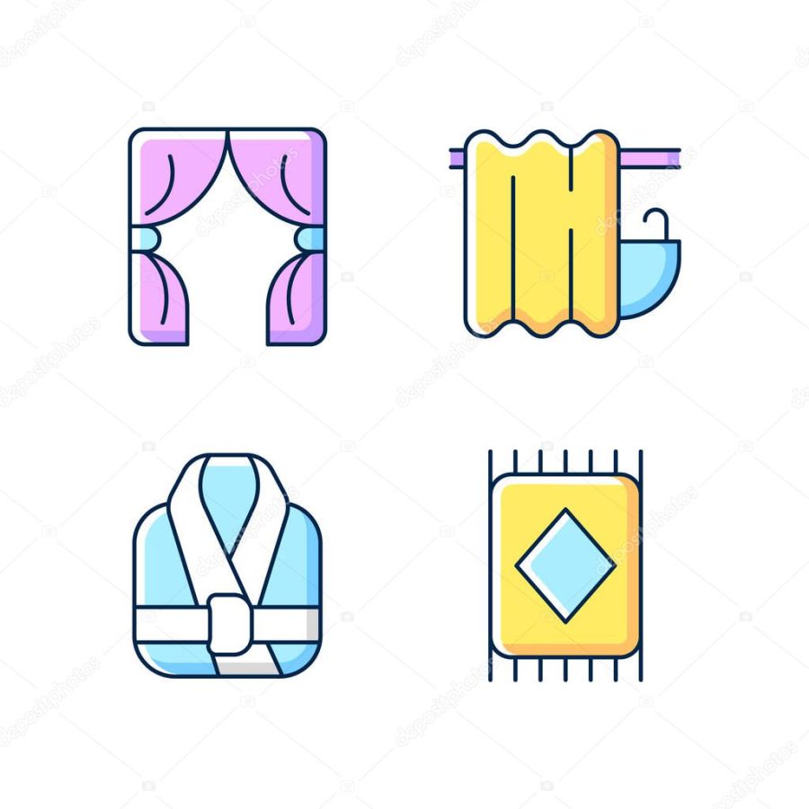 Home textile items RGB color icons set. Window blinds. Bathroom curtain. Bath robes. Floor carpet. Isolated vector illustrations. Material home products simple filled line drawings collection