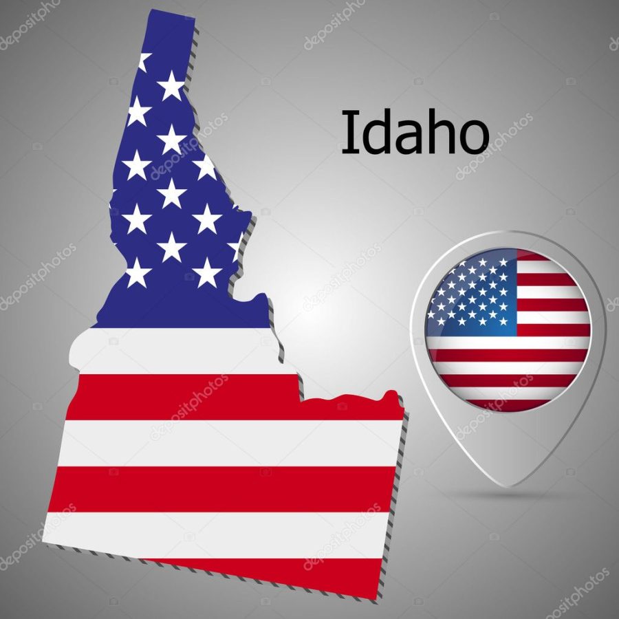 Idaho State map with US flag inside and Map pointer with American flag
