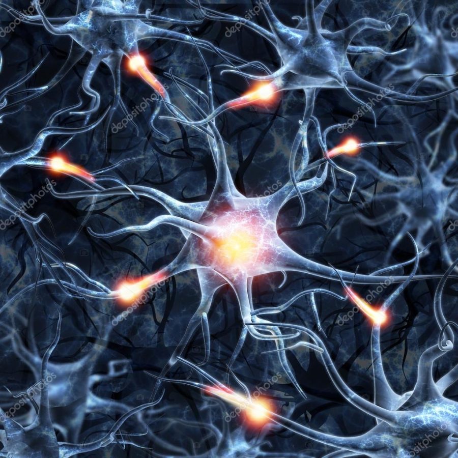 Illustration of neurons on a colored background with light effec