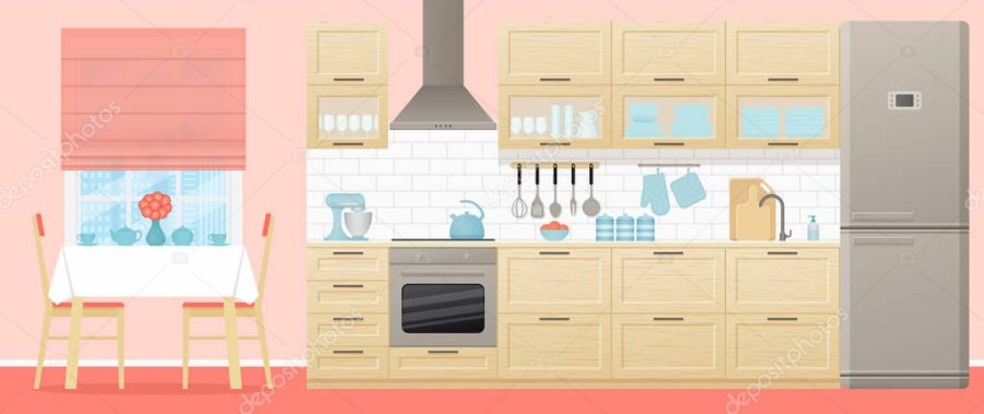 Kitchen interior with dining area. Vector illustration. Flat des