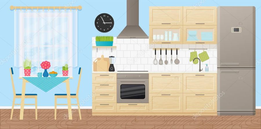 Kitchen interior. Vector. Room with appliances, furniture - dining table, stove, cupboard, blender, fridge and window in flat design. Cooking banner. Cartoon illustration.