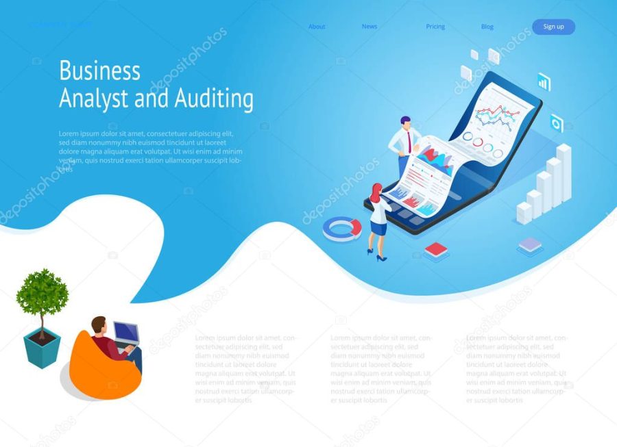Landing page with Isometric Business and Finance Analysts, Analyzing Key Performance Indicators, Business Data Analyst and Auditing