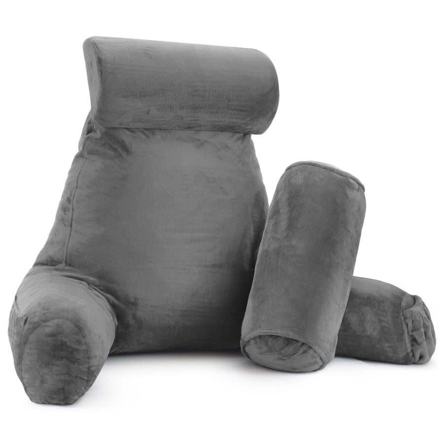 Large Foam Reading & Tv Bed Rest Pillow +2 Neck & Lumbar Pillows, W/Pocket -Gray