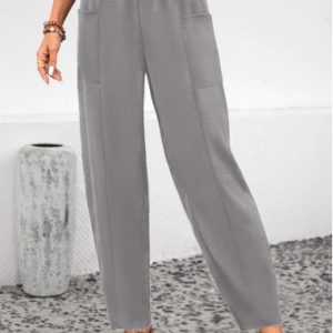 Light Grey Elastic Waist High Waisted Pocket Pants