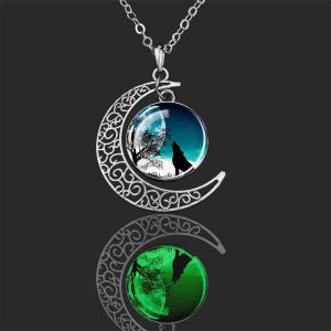 Light Up Wolf Howling At Moon Crescent Necklace