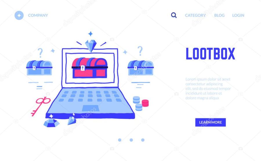 Loot box landing page. Win treasure in computer game or jackpot in online casino gambling. Website doodle design, interface template with buttons and copy space. Vector colorful UI mockup