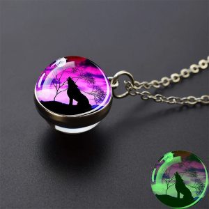 Luminescent Howling Wolf At Night Necklace