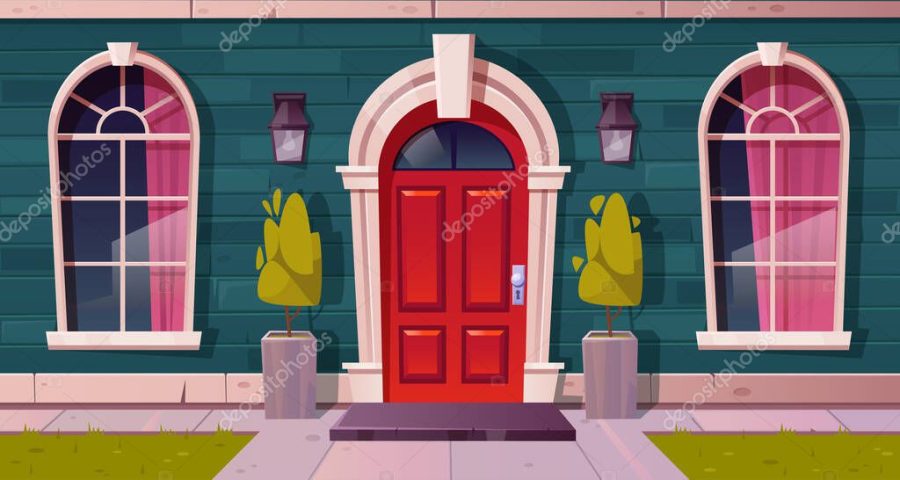 Luxury cottage house facade, home building exterior of green brick, red wooden arched door and curtained windows, lanterns over entrance, rug at doorstep with potted plants Cartoon vector illustration