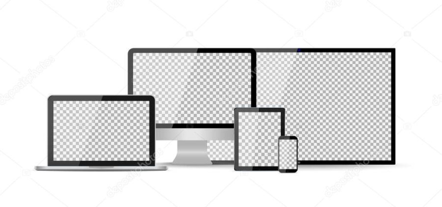 Mockup of tv, computer, phone, laptop, tablet with digital screens. Devices isolated on white background. Modern smart realistic mocks of pc. Led monitors for television and internet. Hdtv tv. Vector.