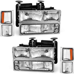 OEDRO Headlight Assembly for 1994-1999 Chevy Silverado/Tahoe/Suburban/C/K Chevrolet, Chrome Housing Clear Lens