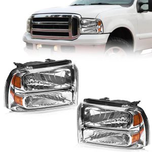 OEDRO Headlight Assembly for 2005-2007 Ford F250-F550 Super Duty/2005 Ford Excursion, Chrome Housing Clear Lens