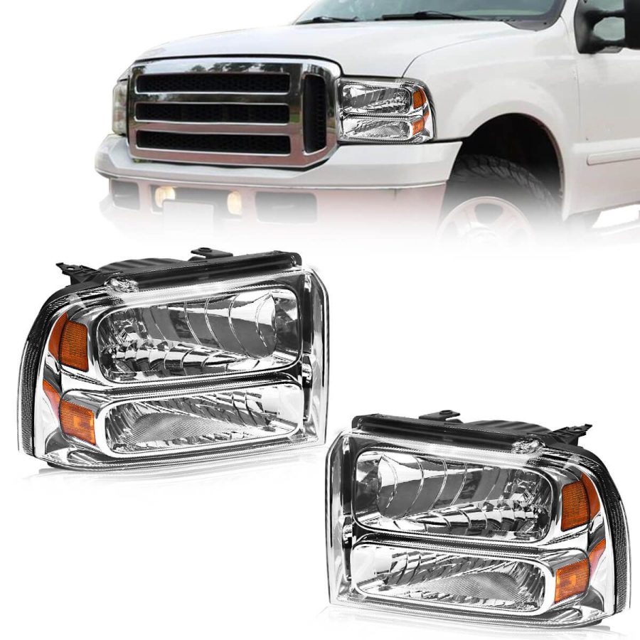 OEDRO Headlight Assembly for 2005-2007 Ford F250-F550 Super Duty/2005 Ford Excursion, Chrome Housing Clear Lens