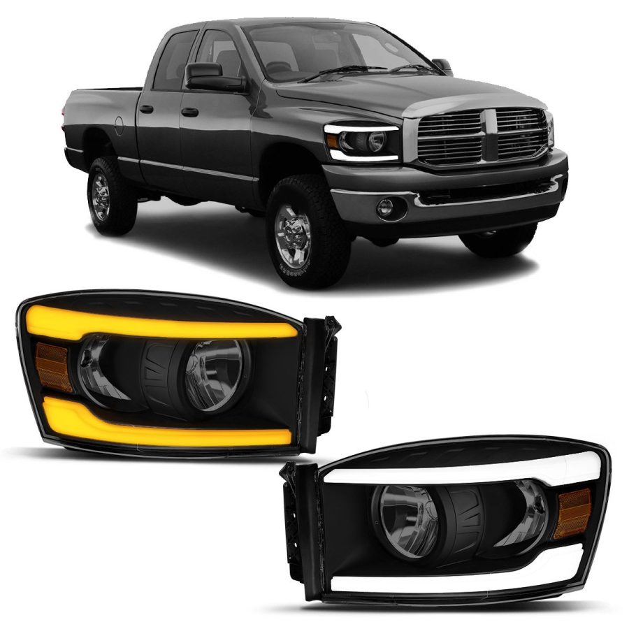 OEDRO LED DRL Headlight Assembly for 2006-2008 Dodge Ram 1500 & 06-09 2500 3500 w/ Sequential Turn Signal, Smoked Lens Black Housing
