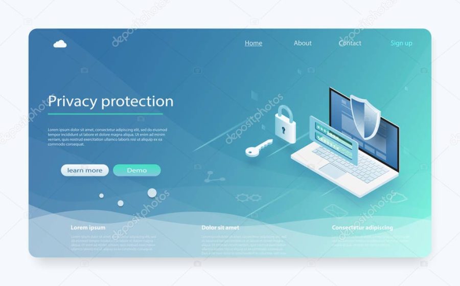 Online payment protection system concept with laptop. Banner with protect data and confidentiality. Mobile data security isometric.