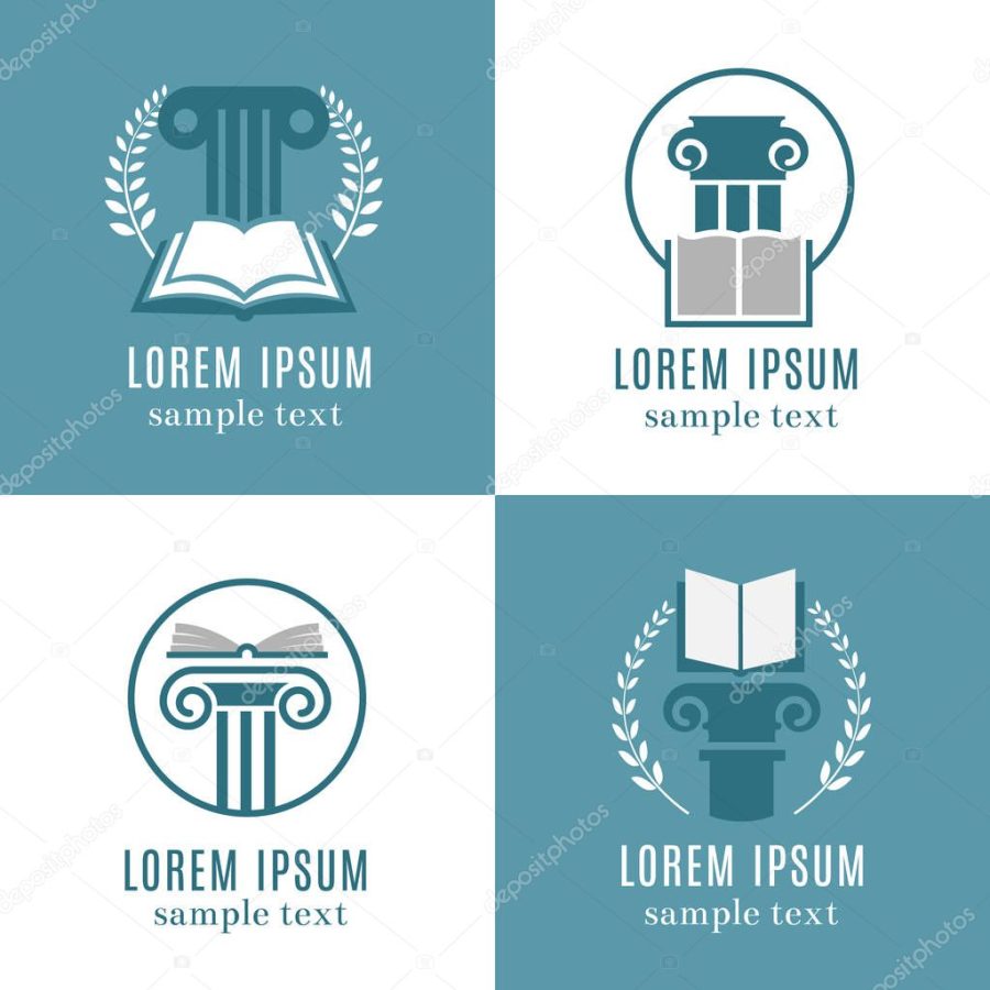 Open books and antique columns icons. Library, university or ancient book store logo set