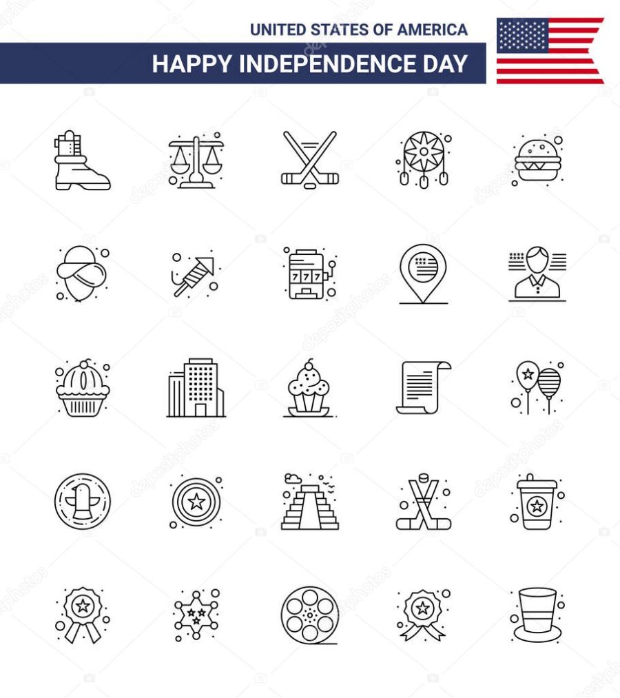 Pack of 25 USA Independence Day Celebration Lines Signs and 4th July Symbols such as meal; burger; ice sport; western; decoration Editable USA Day Vector Design Elements