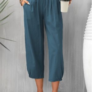 Peacock Blue Elastic Waist Pocket Pants