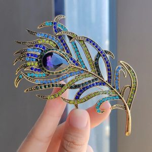 Peacock's Feather Colored Rhinestone-Encrusted Gold-Toned Brooch with Large Synthetic Gem