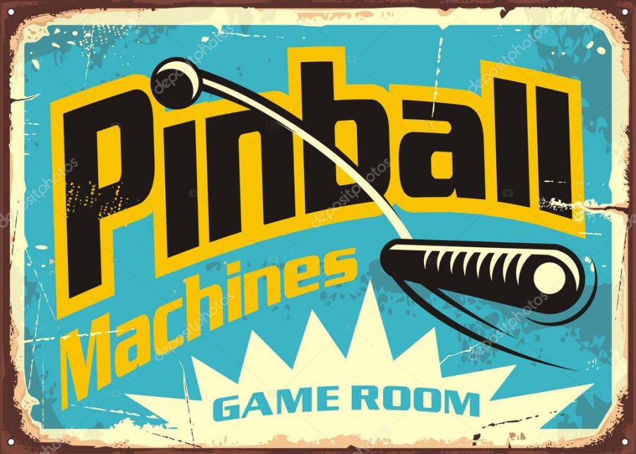 Pinball machines game room retro sign advertisement. Leisure flipper games vintage poster design. Vector illustration.