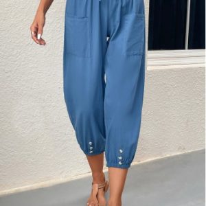 Pocket Blue Elastic Waist High Waisted Jogger Pants