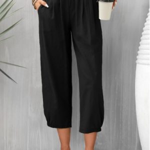 Pocket Elastic Waist Black High Waisted Pants