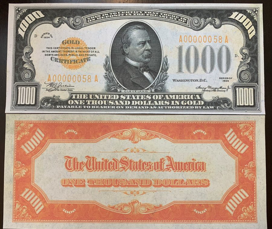 Reproduction United States 1934 $1,000 Bill Gold Certificate Copy USA Currency
