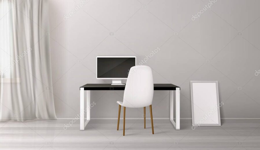 Room interior, workplace with desk, seat and pc