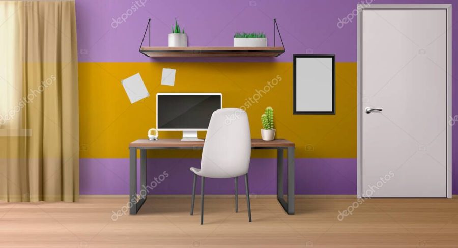 Room interior, workplace with desk, seat and pc